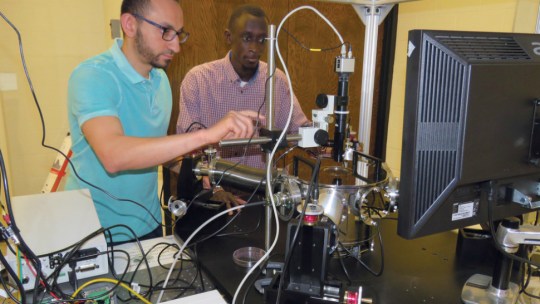 Sidy Ndao (right), assistant professor of mechanical and materials engineering, and Mahmoud Elzouka, a graduate student, have created a thermal diode that will allow computers to use heat as an energy source to allow their operation in ultra-high temperatures.