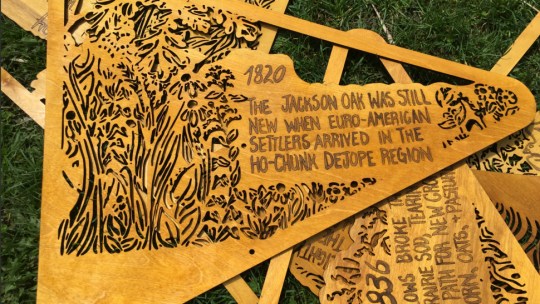 Signs from University of Wisconsin graduate Liz Anna Kozik's Prairie art exhibit at the university's arboretum.