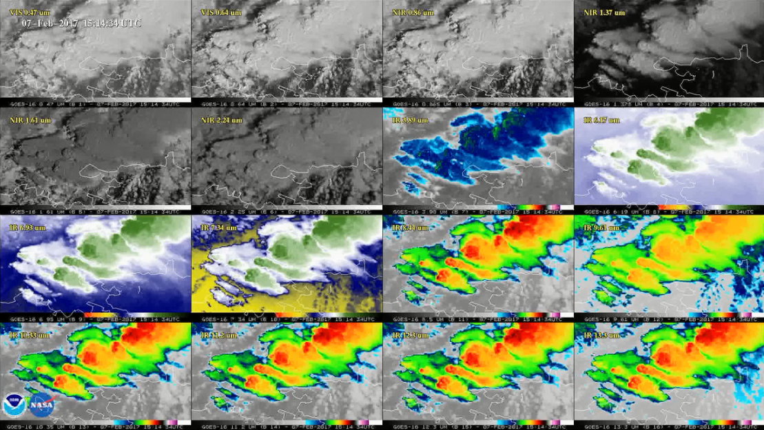 The sixteen bands of visibility from the GOES-16 satellite developed by University of Wisconsin-Madison researchers.