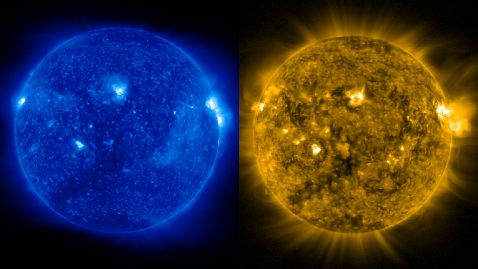 Two images of the sun taken at the same time using the Solar Ultrviolet Imager from the GOES-16 satellite.