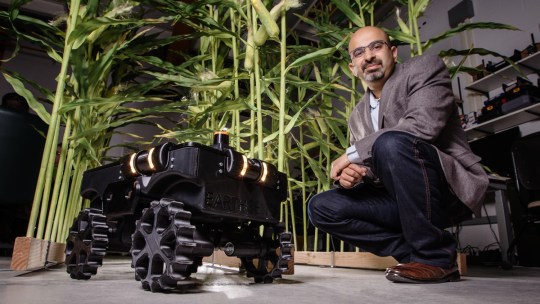 Agricultural and biological engineering professor Girish Chowdhary is leading a team that includes crop scientists, computer scientists and engineers in developing TerraSentia, a crop phenotyping robot.