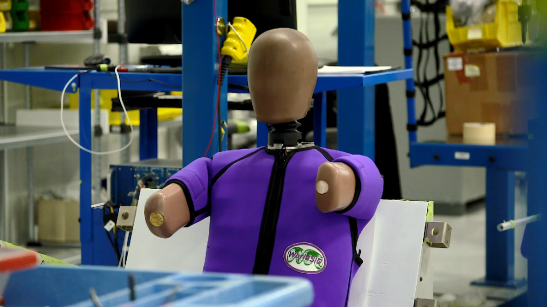A crash test dummy built by humanetics using data collected by the university of michigan's international center for automotive medicine