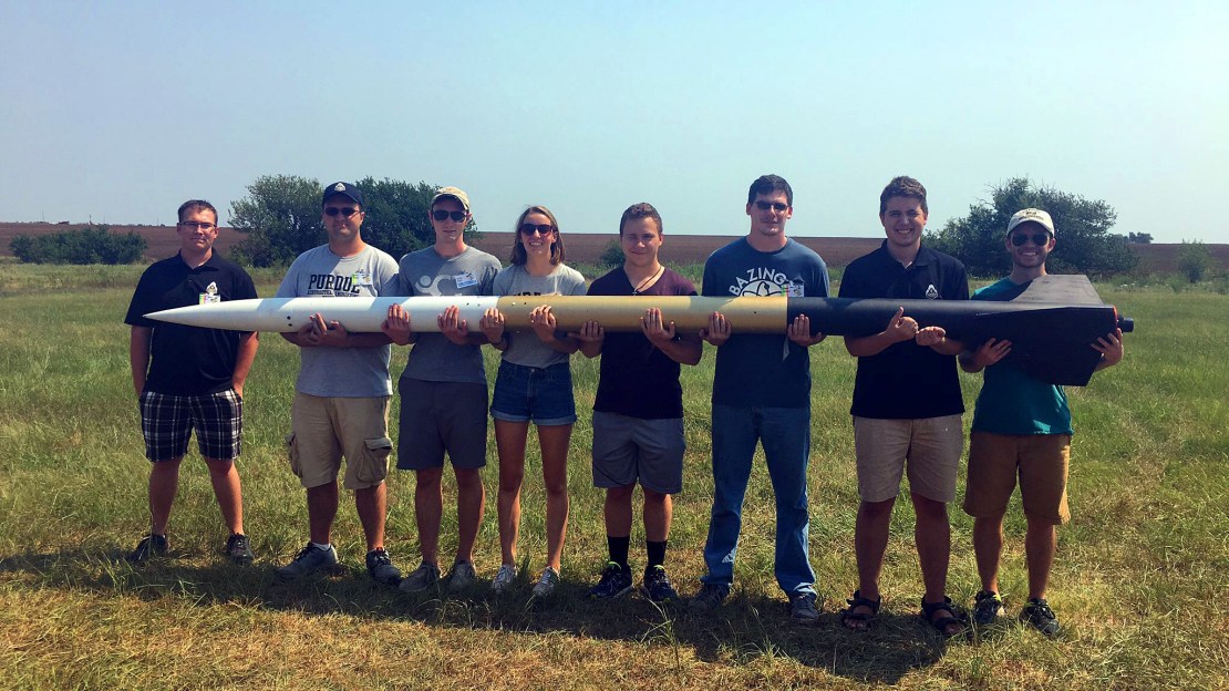 Purdue students are launching a 12-foot, liquid-fueled rocket in May that would have cost other researchers more than a quarter of a million dollars to build. (Purdue University/Purdue Space Program)