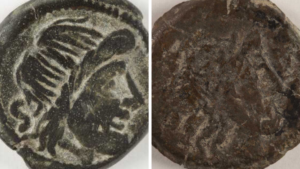 An extreme closeup of two Roman coins from the Rutgers University Badian Collection