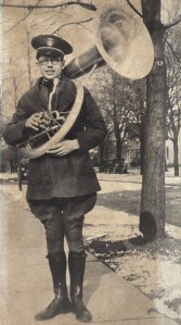 Young Orville Redenbacher poses with his sousaphone he played in the Purdue University Marching Band