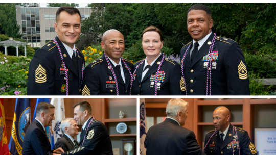 3 photos of U.S. Army Sergeants Major at the honor cord ceremony marking their graduation from Penn State