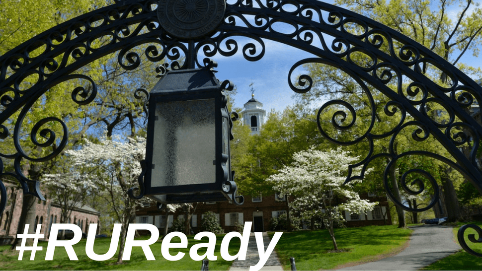 Image of the Old Queen's Gate at Rutgers University overlayed with the text #RUReady