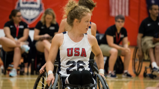 Purdue University student and captain of the Team USA wheelchair basketball team Shelby Gruss on the court.