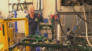 University of Michigan professor Andre Boehman in the engine lab testing algae biofuel models