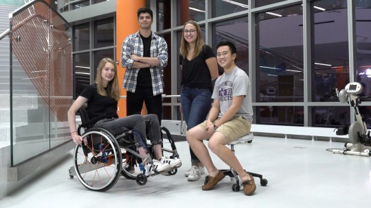 Northwestern University students team that designed the Alligator Tail wheelchair assistance device pose as a group