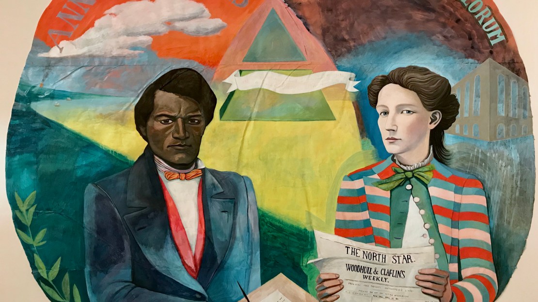 A painting of Victoria Woodhull and Frederick Douglass by Rutgers University student and artist Valerie Suter