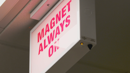 A sign outside the 10.5 tesla field strength MRI scanner developed at the University of Minnesota