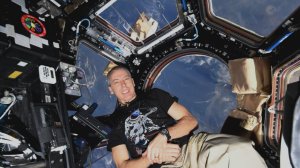 Astronaut and Purdue University alum Drew Feustel in a viewing bay on the International Space Station