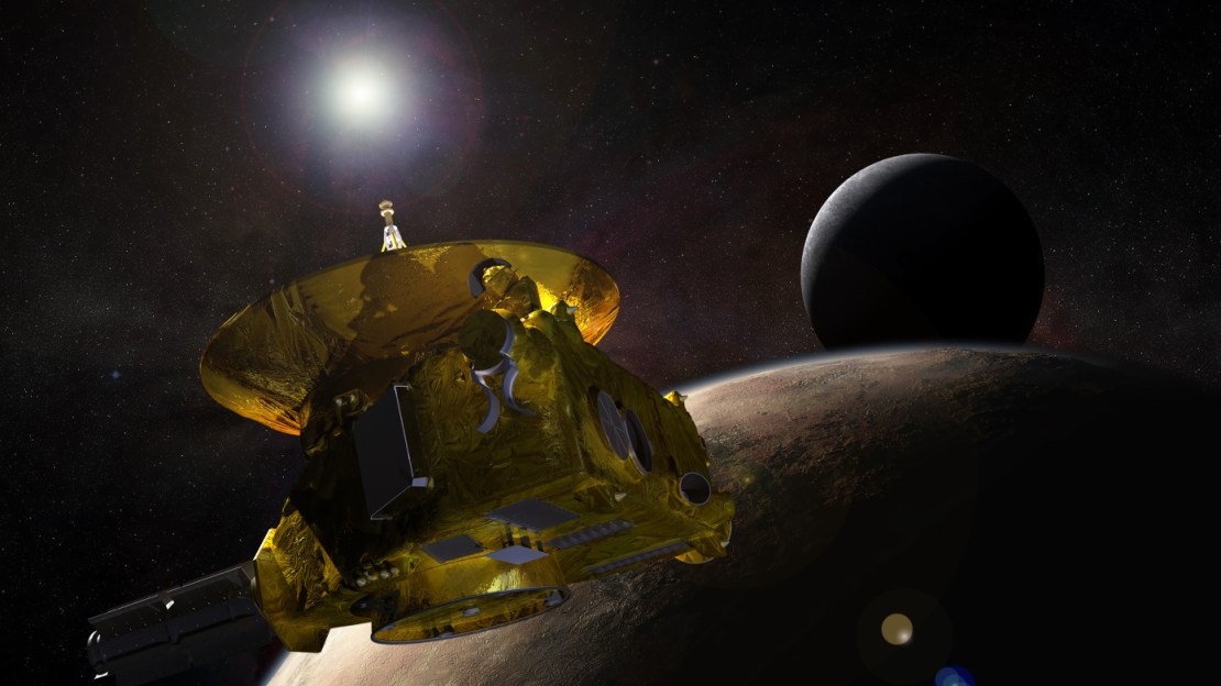 An artist's rendering of the New Horizons probe in space featuring the Ohio State University antenna.