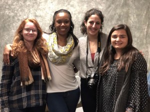 UM students Hannah French, Zoey Horowitz and Megan Diebboll with one storyteller (second from left.)