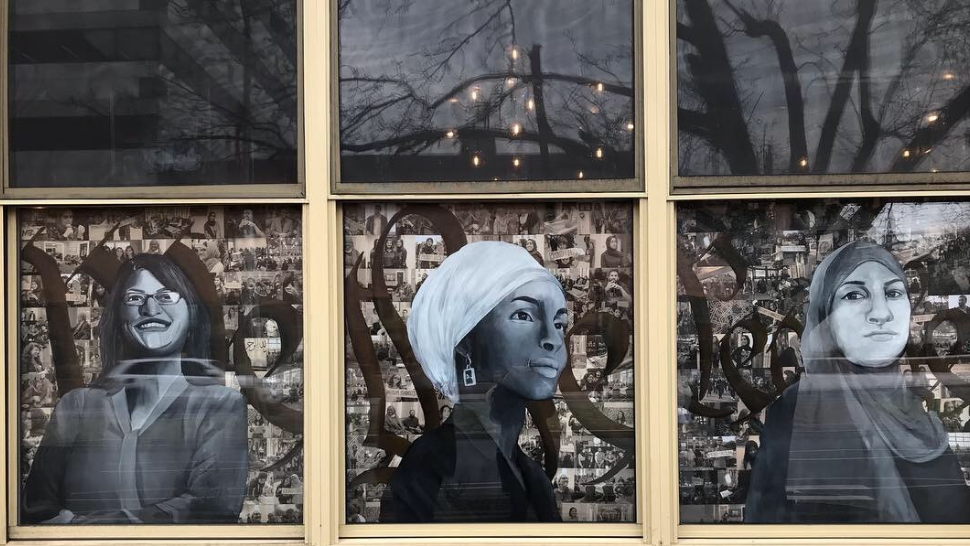 We the People (front view) 2019. Muslim Feminists for the Arts, featured installation in the 2019 Windows of Understanding project. Acrylic on glossy photo paper; large format inkjet printer 46inx41in Photo by Sarah Walley