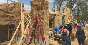 Students working on the University of Michigan's straw bale building