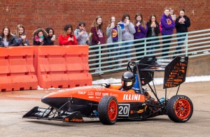 Engineering Student Project Laboratory students showcased their Formula SAE vehicles during Engineering Open House 2019 at Illinois. Engineering Open House is an annual student-led event featuring two days of exhibits and competitions showcasing the talent and ingenuity of engineering students at Illinois. Thousands of visitors come each year, especially K-12 students wanting to explore the possibilities of studying engineering. 