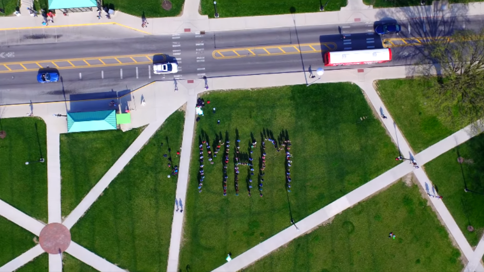 Ohio State University students spell out MHM for Mental Health Matters on the Oval